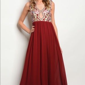 Formal gold and burgundy dress